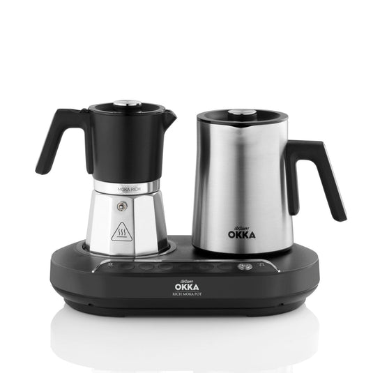 Arzum Okka Rich Moka Pot Turkish Coffee and Moka Maker, Velvetiser, Milk Frother, 120V, 5 Cups, Stainless Steel Cooking Pot, Chrome - Merrystone Coffee