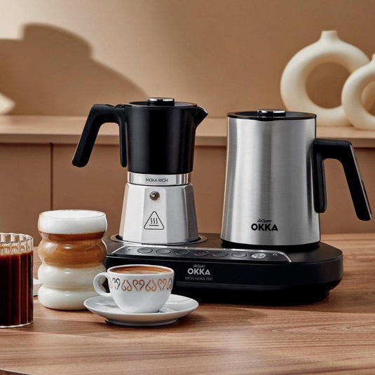 Arzum Okka Rich Moka Pot Turkish Coffee and Moka Maker, Velvetiser, Milk Frother, 120V, 5 Cups, Stainless Steel Cooking Pot, Chrome - Merrystone Coffee